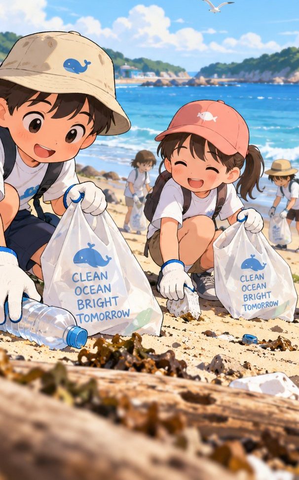 바닷가에서 아이들이 쓰레기를 줍는 모습을 그린 일러스트. 아이들이 든 봉투에 CLEAN OCEAN BRIGHT TOMORROW라는 문구가 들어가 있다.